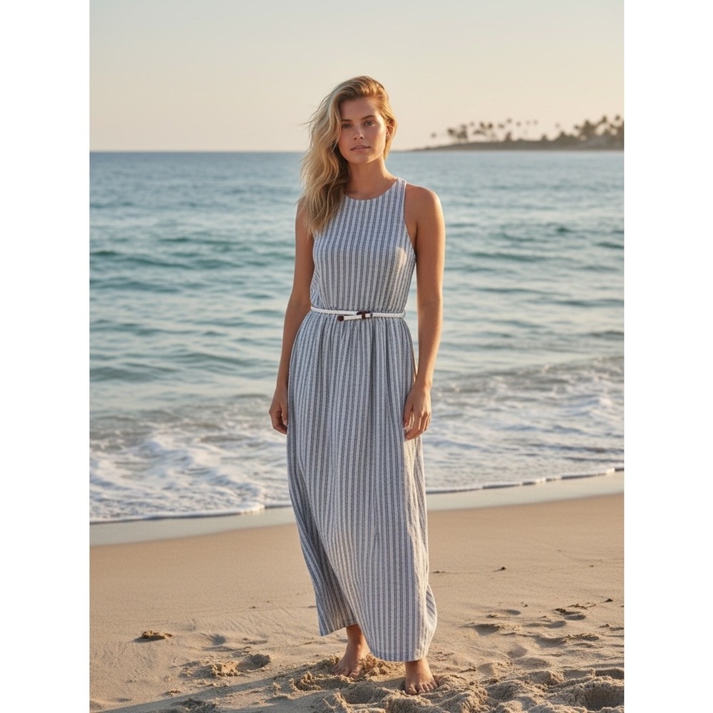 Tart Geometric Stripe Belted Maxi Dress Womens XS Black White Stretch Resortwear